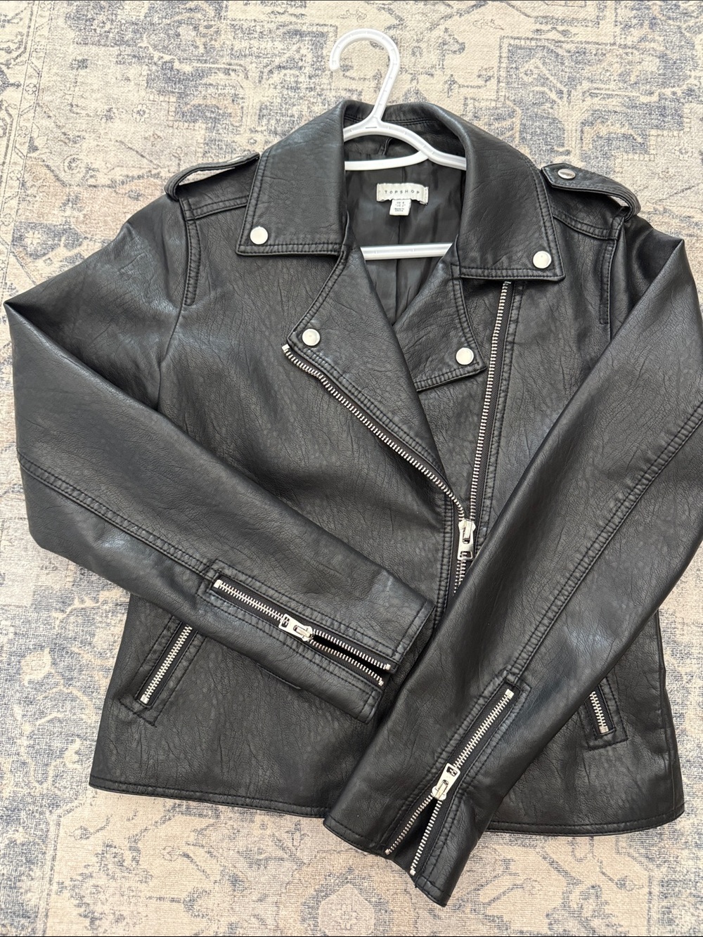 Topshop Black Faux Leather Moto Jacket with Silver Hardware